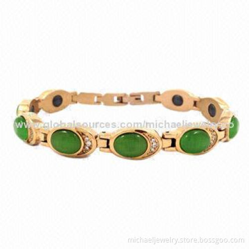 Magnetic Stainless Steel Bracelets with 9pcs of Green Opals & 27pcs of CZ Stones, Plating Rose Gold
